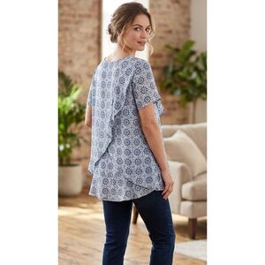 LOFT Women's Blue White Medallion Floral Print Blouse - Size L